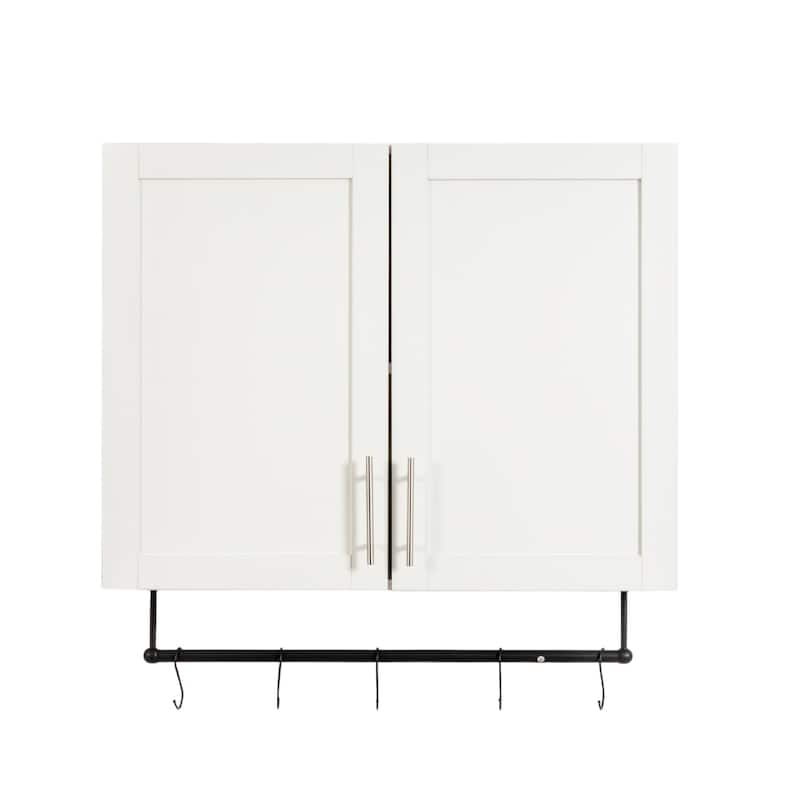 31.50" White Bathroom Wall Cabinet with Adjustable Shelf and 5 Hooks