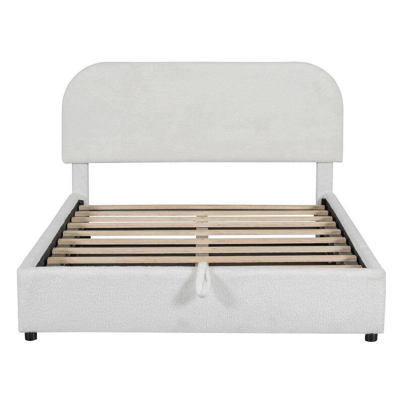 Lift Up Storage Platform Bed Frame, Teddy Fleece Low Profile Bed Hydraulic Storage System, Curved Headboard, Wood Panel Bed