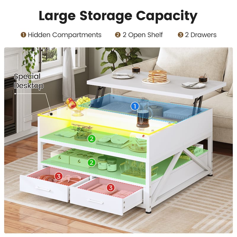 Coffee Table Lift Top 2 Drawers Hidden Compartment for Living Room
