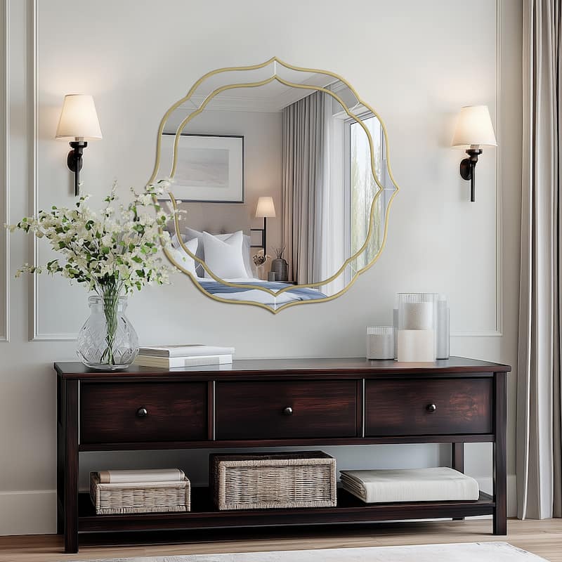 Large Gold Wall Mirror with Glass Beveled Frame - 32" x 32"