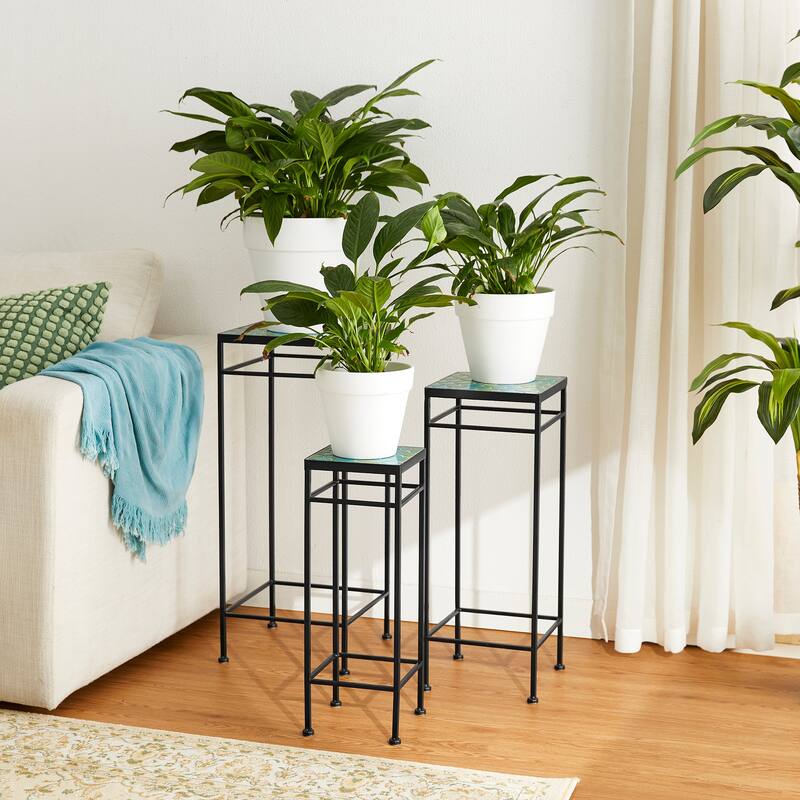 Glitzhome Set of 3 Metal Nesting Planter Stands Square Plant Holder with Green Pattern Ceramic Tiles Table Top