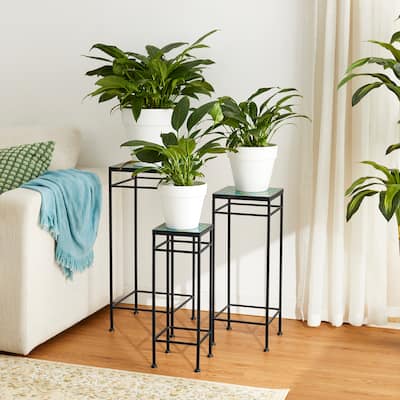 Glitzhome Set of 3 Metal Nesting Planter Stands Square Plant Holder with Green Pattern Ceramic Tiles Table Top