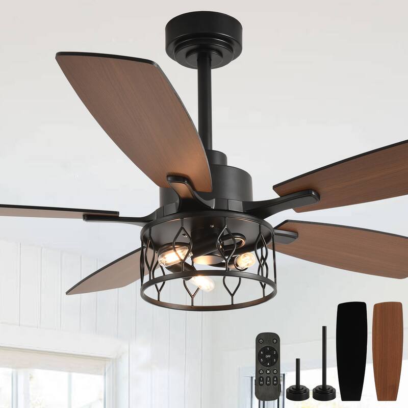 Cusp Barn 52 Inch Industrial Caged Ceiling Fan with Light and Remote, Farmhouse Quiet DC Motor Reversible Chandelier Ceiling Fan - Black