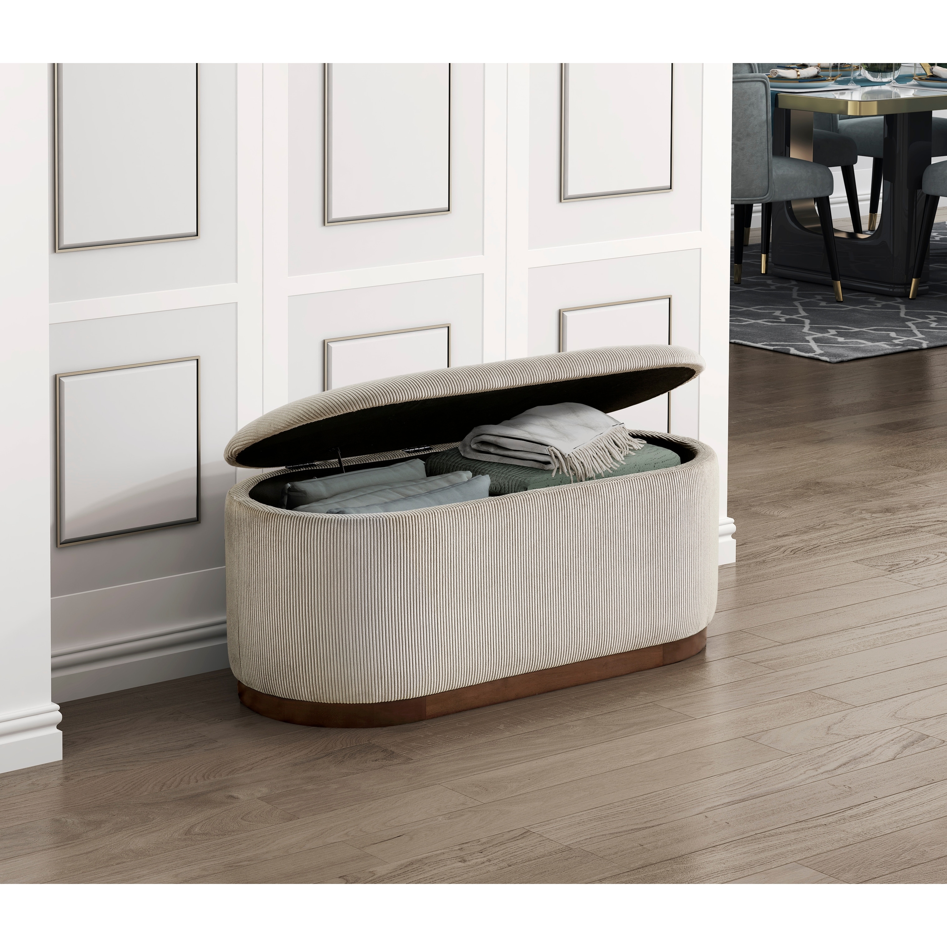 Lift Top Storage Bench With Foam Cushioned Seat And Corduroy Fabric Upholstery