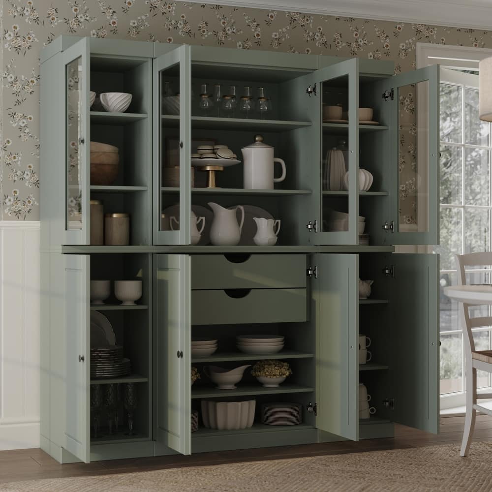 100% Solid Wood Tall Kitchen Pantry Cabinet with Glass Doors & 2 Drawers, Adjustable Shelves, Modular Storage, 65" W x 71.5" H