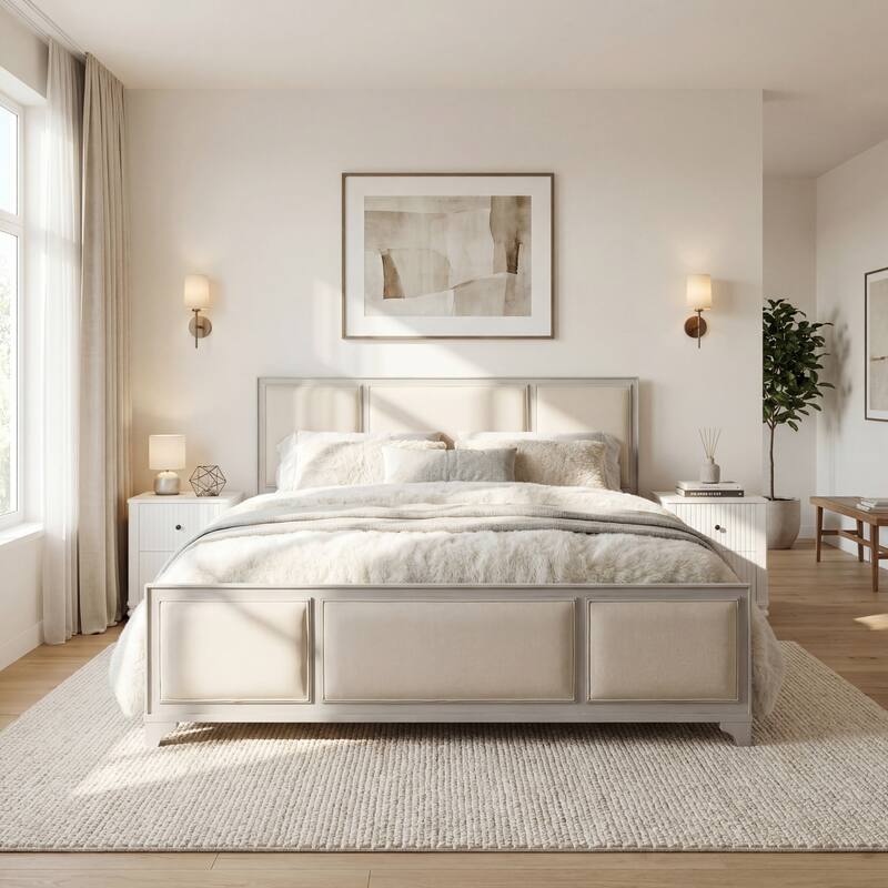 Christopher Knight Home - Hendrix Modern Farmhouse Upholstered Wood Platform Bed with Panel Headboard and Footboard - Beige - Queen