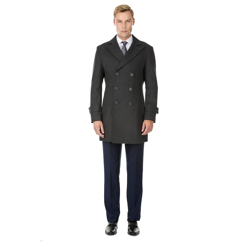 Men's Double Breasted Wool Blend Coats - Charcoal - XL