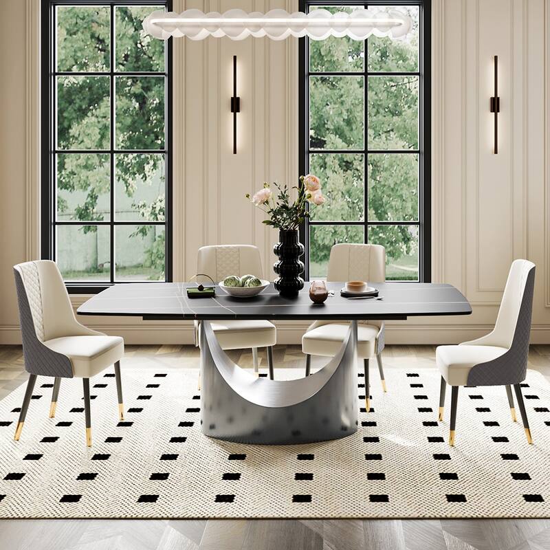 63"-94" Hobart Modern Dining Table with Rectangular Sintered Stone Tabletop and Carbon Steel Leg for 4-10