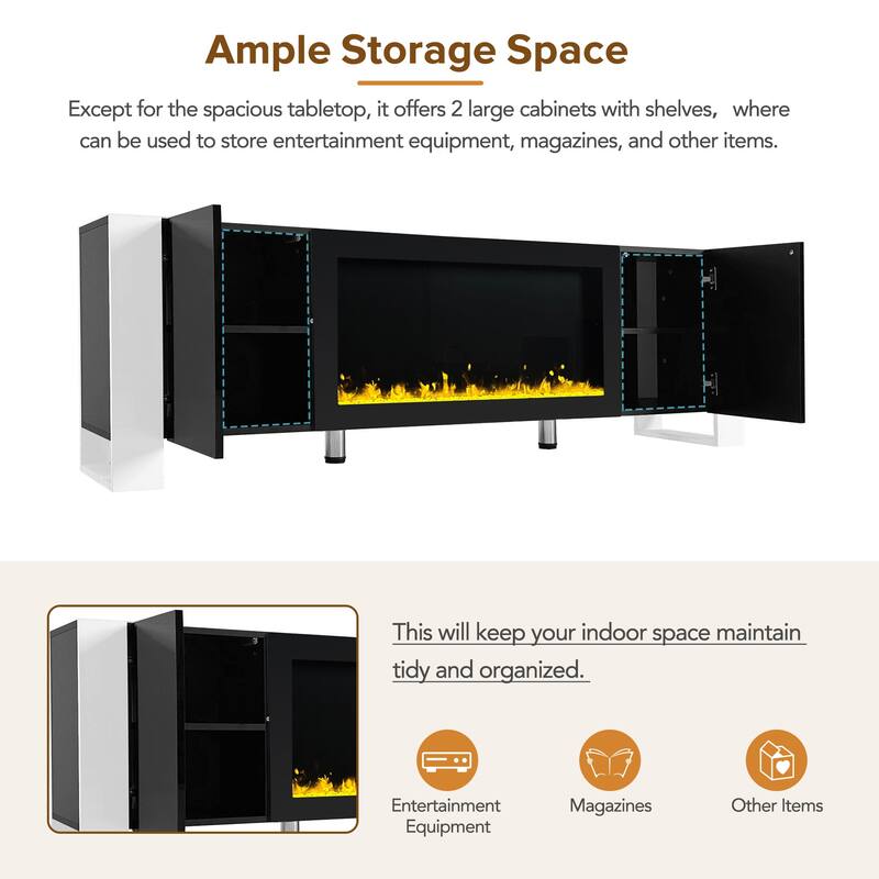 Modern High Gloss Finish V Stand with 34.2" Non-heating Electric Fireplace, Entertainment Center with 2 Cabinets