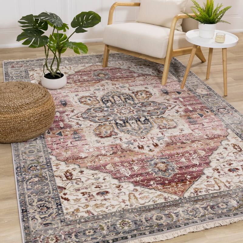 Sydney Collection - Pink/Cream/Blue Elaborate Border Rug