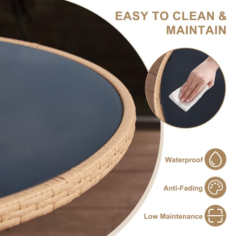 35" Square/Round Outdoor Dining Table - All-Weather Wicker Patio Table with Tempered Glass Top & Iron Frame for Balcony