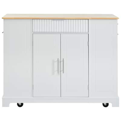 Fluted Kitchen Island with Trash Can Storage Cabinet,Power Outlet,Internal Storage Rack,3 Open Side Racks