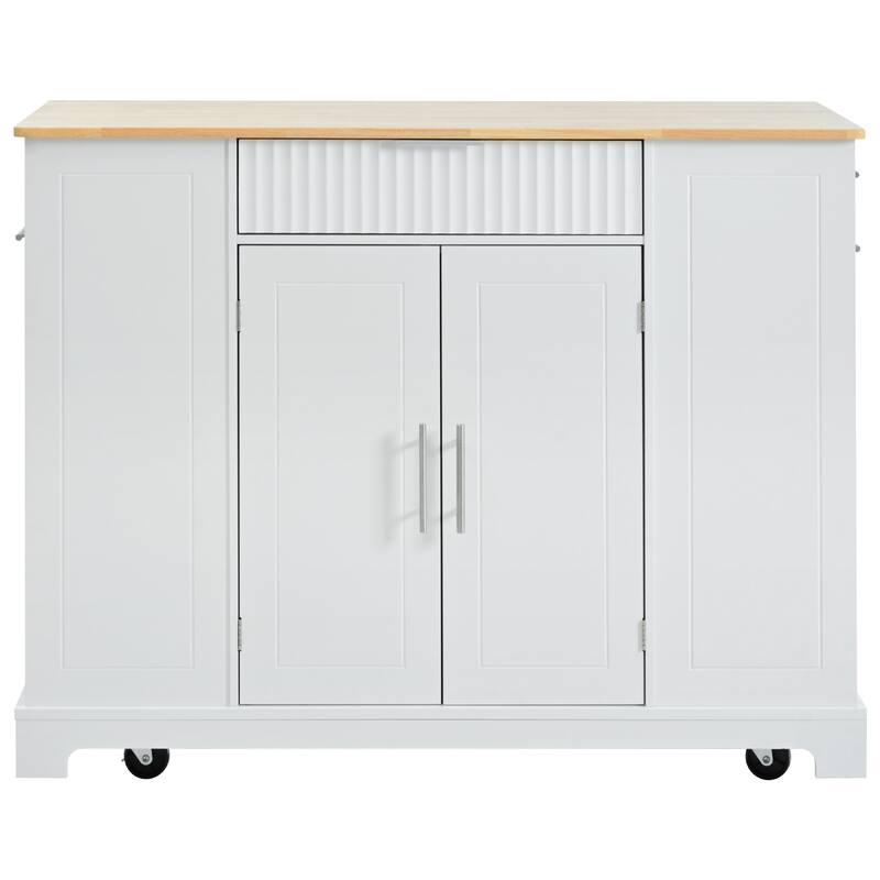 Fluted Rolling Kitchen Island with Trash Can Storage Cabinet,Power Outlet,5 Wheels