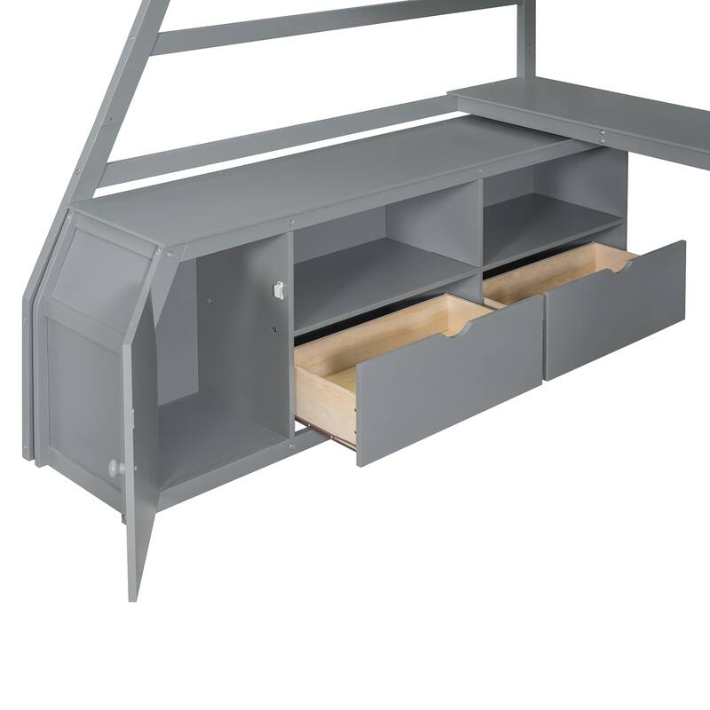 Space-Saving Full Loft Bed with Built-in Desk, 7 Drawers, 2 Shelves & Playhouse-Inspired Fence Design