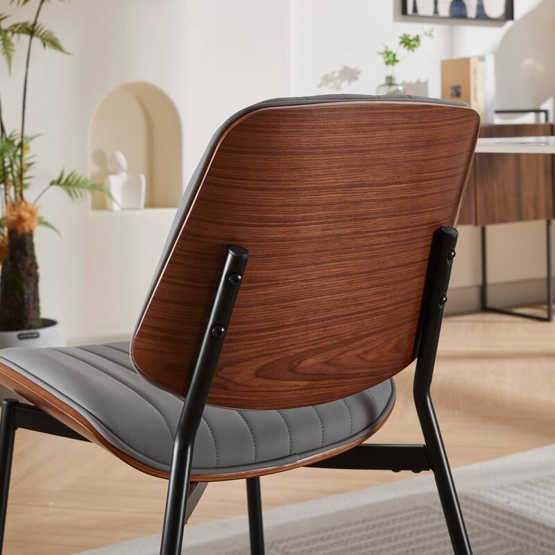 Dining Chairs Set of 2 Mid Century Modern Retro Faux Leather Chair with Walnut Bentwood Back Upholstered Seat Metal Legs