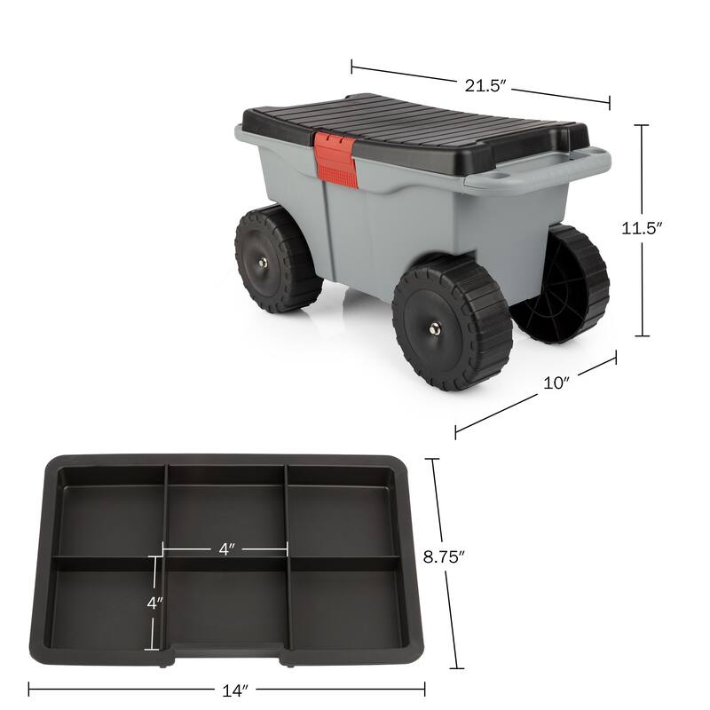 Rolling Garden Cart with Seat - Plastic Storage with Bench and Interior Tool Tray by Pure Garden (Gray)