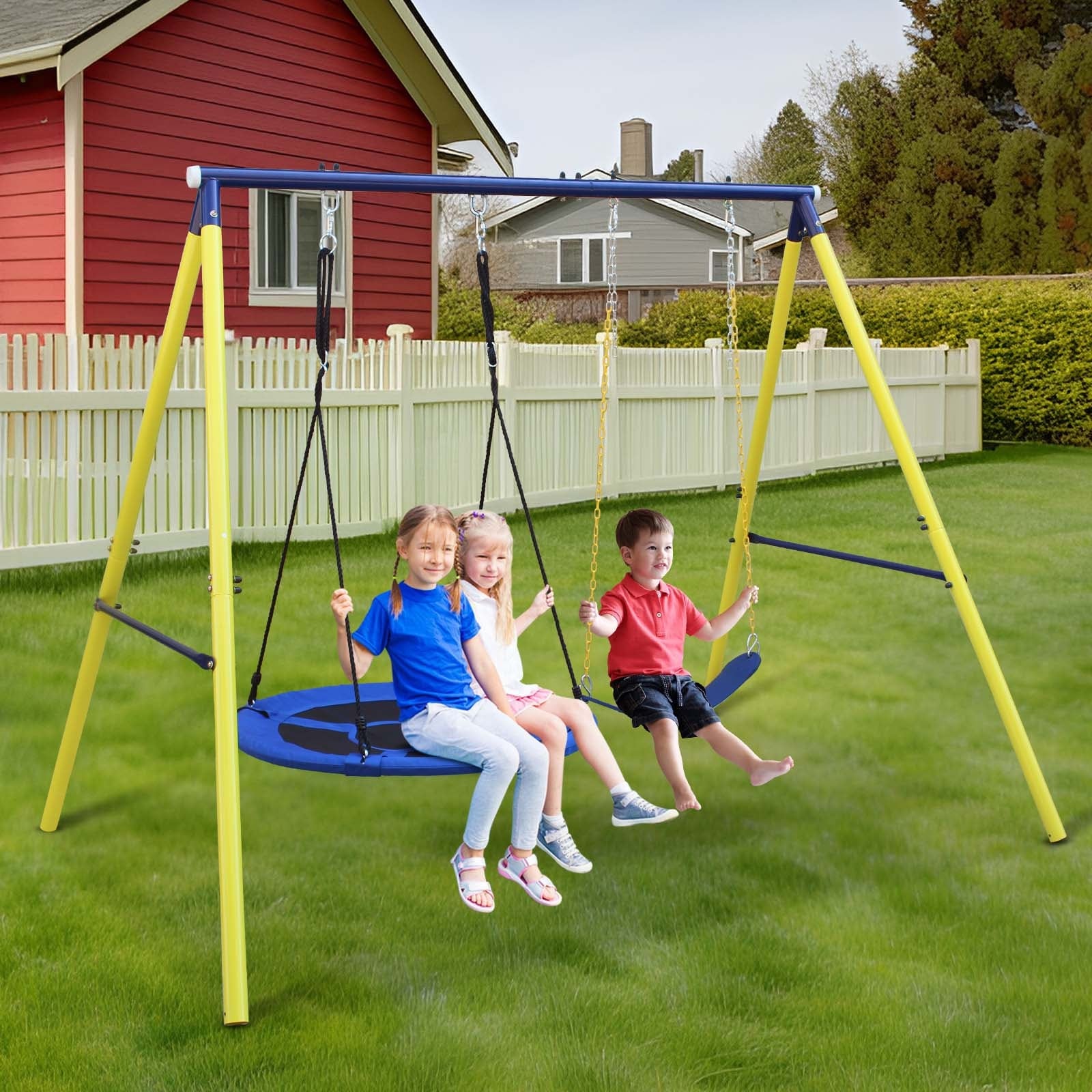 Roomfitters Indoor Outdoor Metal Swing Set with Safety Belt, Compact and Secure Backyard Fun, Multicolor