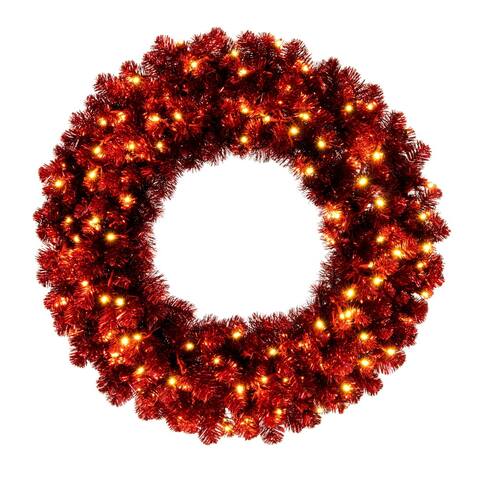 Vickerman 36" Artificial Deluxe Red Tinsel Christmas Wreath, Warm White Single Mold Wide Angle Mini Lights
