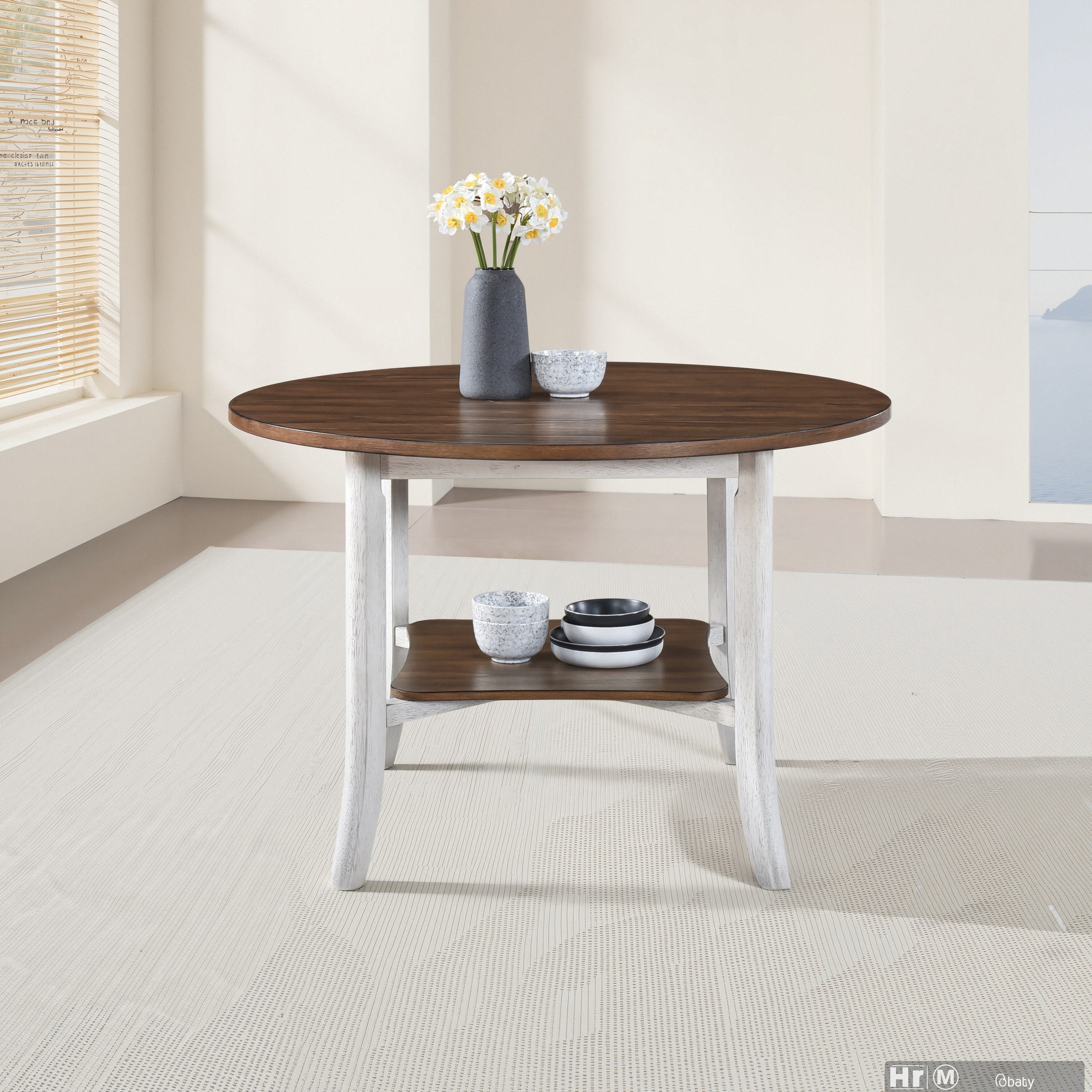 45.7" Round Dining Table with Storage Shelf, Modern Farmhouse Style, 30" Height, Rustic Dark Wood Top