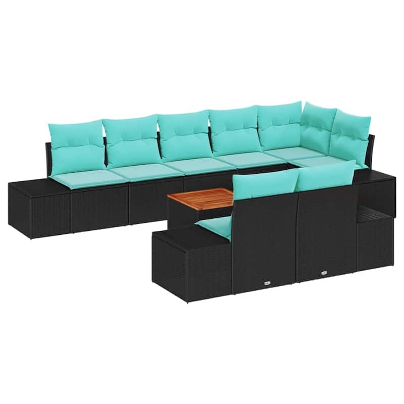 vidaXL 9 Piece Garden Sofa Set with Cushions Black Poly Rattan Acacia - 125.6×60.6×27.2