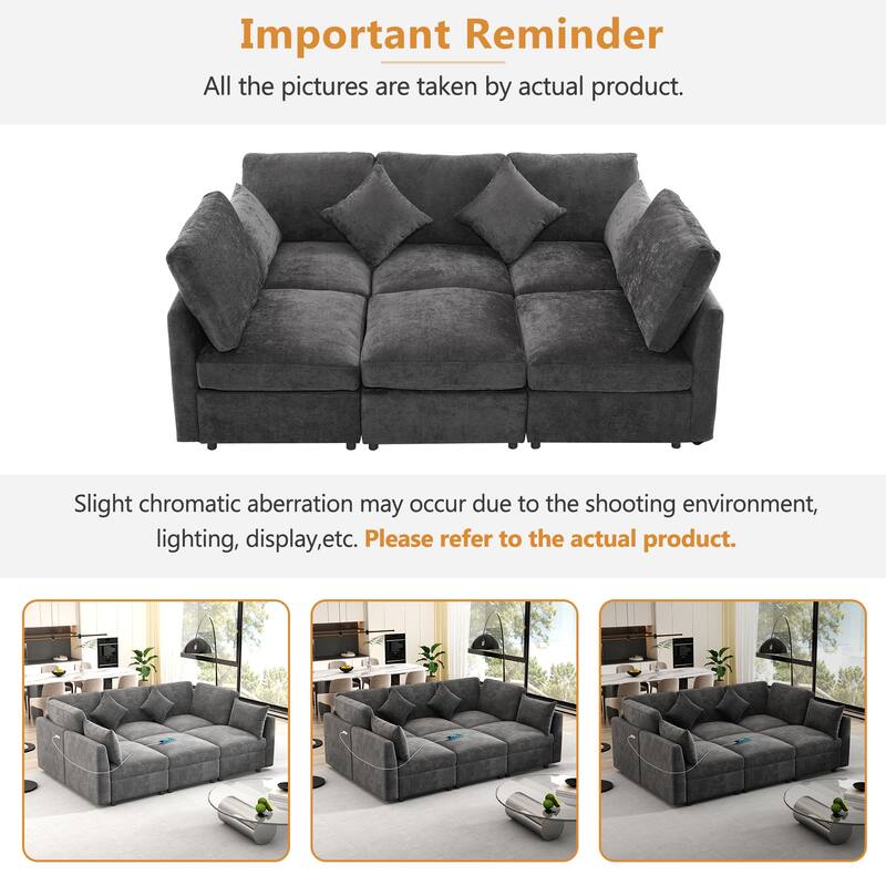L-Shaped Modular Sectional Sofa Convertible U-Shaped Sofa Bed with Movable Ottoman and 2 USB Ports, 2 Pillows, Chenille 5 Seat