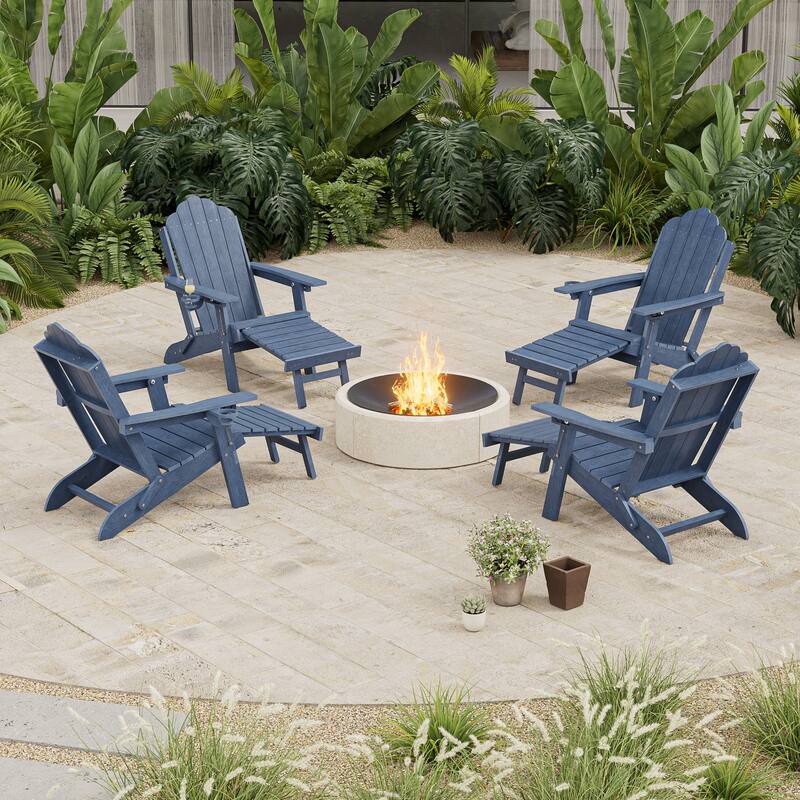 3-Position Adjustable Folding Adirondack Chair W/ Ottoman for Outdoor - Navy - 4-Piece