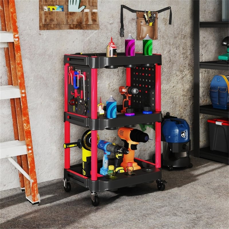 Three-Tier Mobile Rolling Tool Cart with Hooks and Storage Holes for Garage Workshop Organizer - 22.2" W x 18.7" D x 35" H