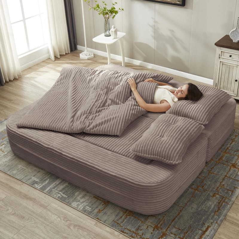 Sleeper Sofa with Chaise Lounge, Convertible Sectional Couch Bed, Corduroy 3-Seat Sofa, Folding Boneless Couch