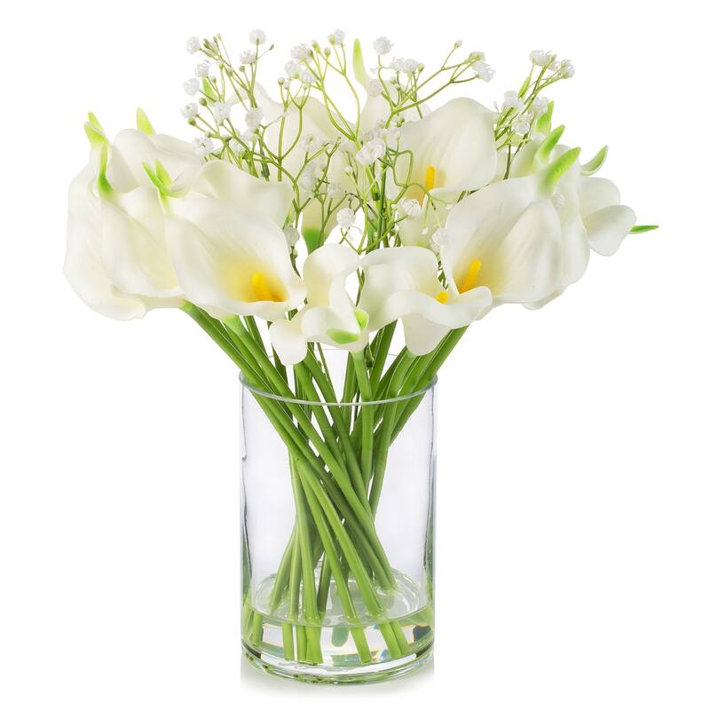 Enova Home 18 Mixed Artificial Real Touch Lily Flower Arrangement in Clear Glass Vase with Faux Water for Home Wedding - White