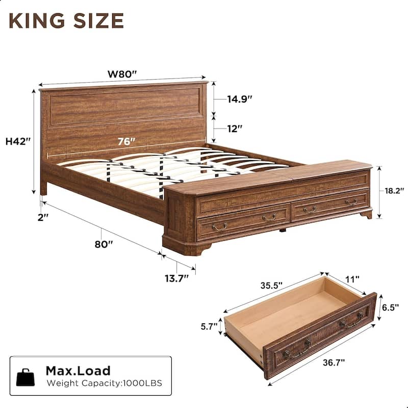 Farmhouse Bed Frame w/ Headboard & Storage Bench, Wood Platform Bed