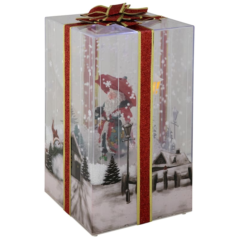 Musical Santa Lighted Snowing Gift Box with Ribbon Christmas Decoration - 12"