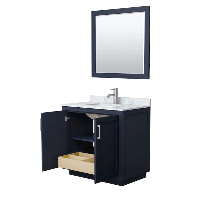 Miranda Single Vanity Set, White Carrara Marble Top, 34-Inch Mirror