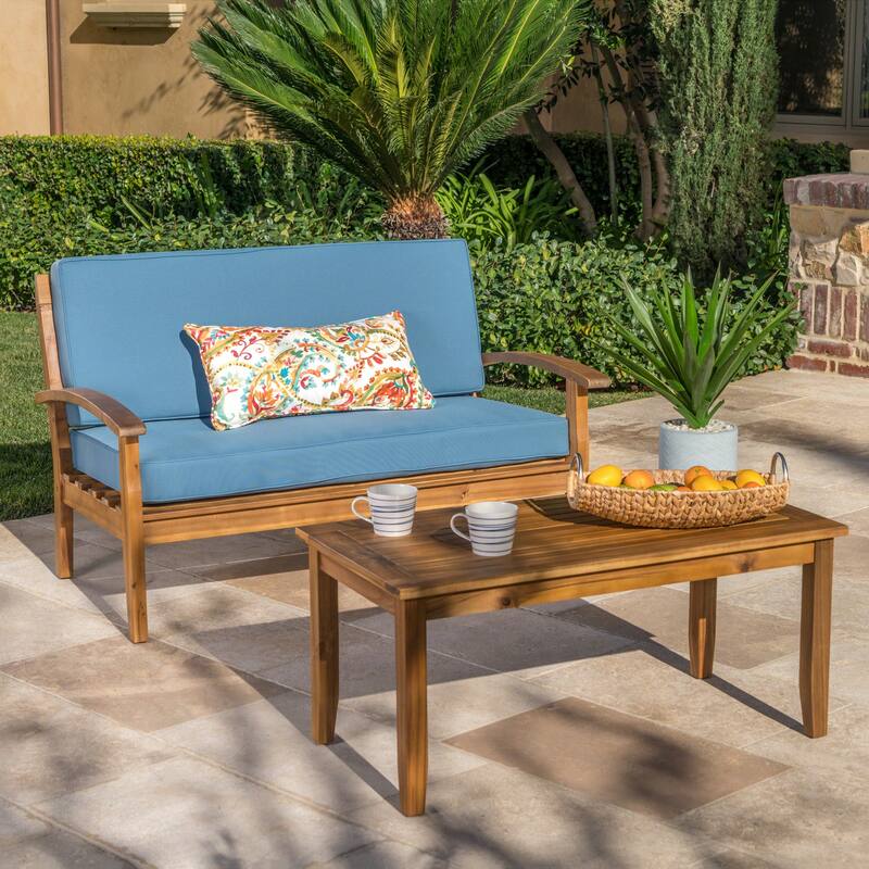 2 Piece Acacia Wood Chat Set with Coffee Table and Water Resistant Cushion