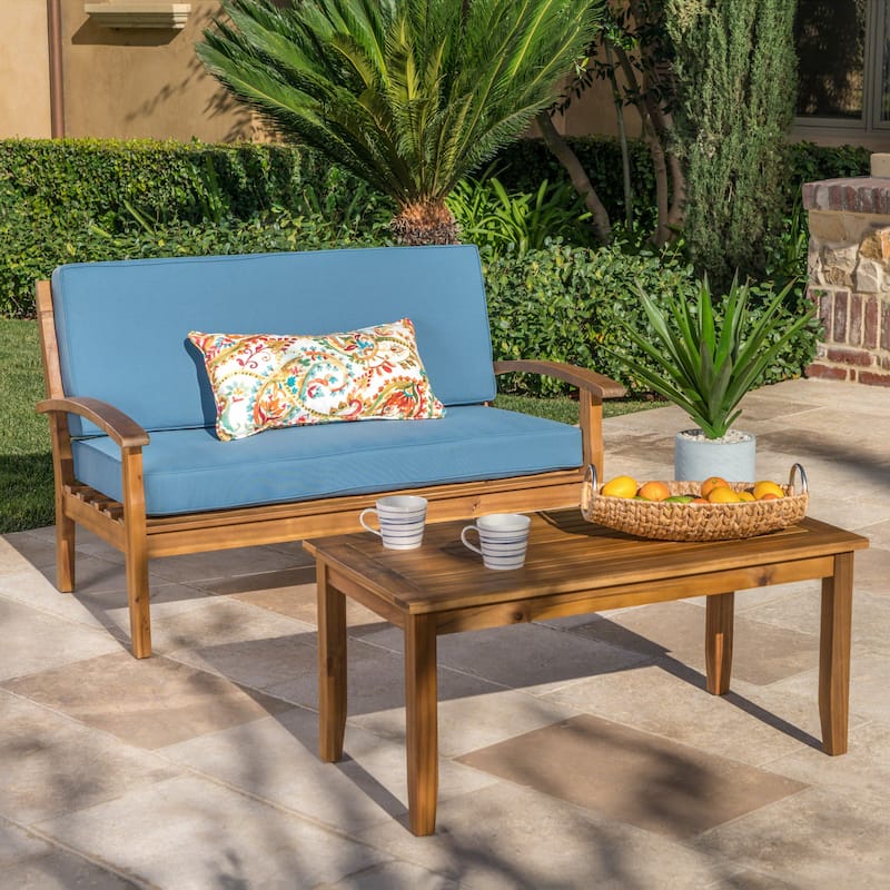 Outdoor Acacia Wood Loveseat and Coffee Table Set with Water-Resistant Cushions - Patio Seating for Garden or Balcony - Teak + Blue
