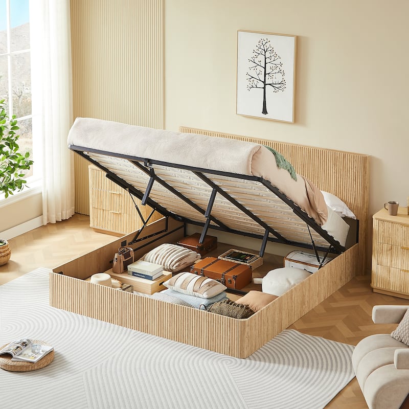 Platform Bed Lift Up Hydraulic Storage Bed Frame Wooden Corrugated Curved Lines Design Frame Wood Slat Metal Support Bed Frame - Oak - King