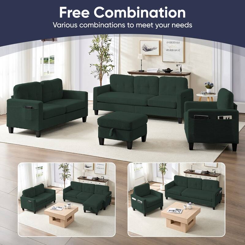 Mixoy 76'' L-Shaped Sofa Set,Corduroy Sectional Sofa,Mid Century 3-Seater Sofa with Storage Ottoman/Loveseat/Single Sofa