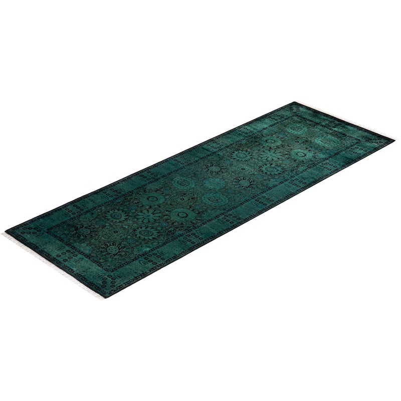 Overton Hand Knotted Wool Vintage Inspired Modern Contemporary Overdyed Green Runner Rug - 3' 3" x 8' 10"