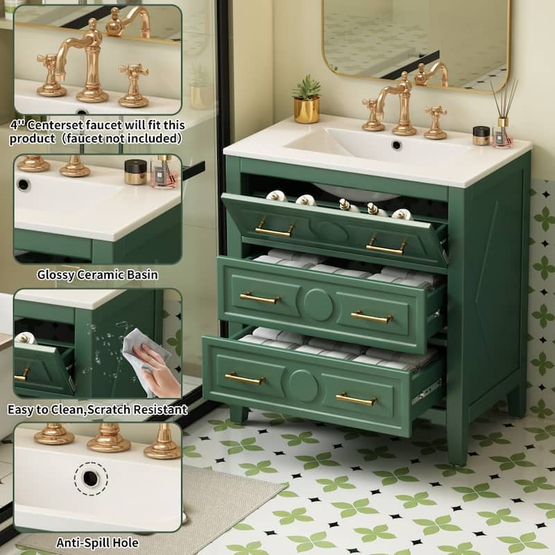 30'' Wooden Bathroom Vanity with Ceramic Sink Combo and Storage Cabinet