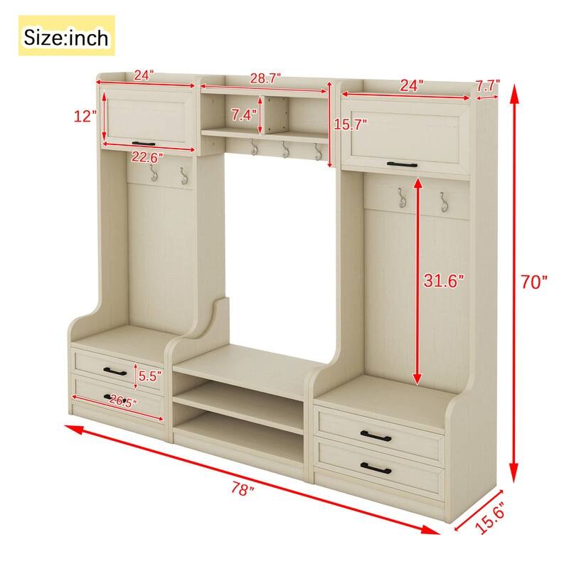 4-in-1 Detachable Hall Tree with 4 Storage Drawers and 7 Hooks, Hallway Coat Rack with Storage Cabinet, Entryway Shoe Bench