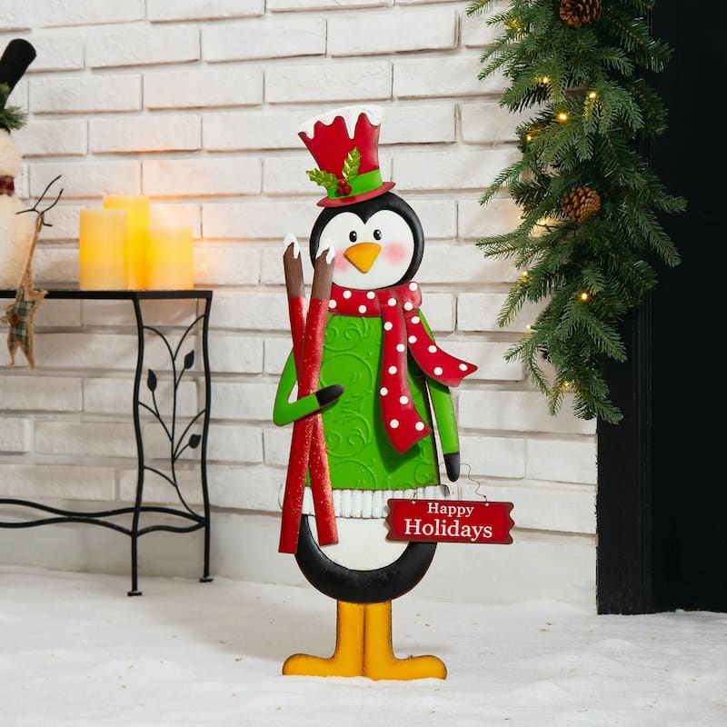 Glitzhome 36"H Christmas Metal Penguin Nutcracker Yardstake Standing Sign Wall Decor