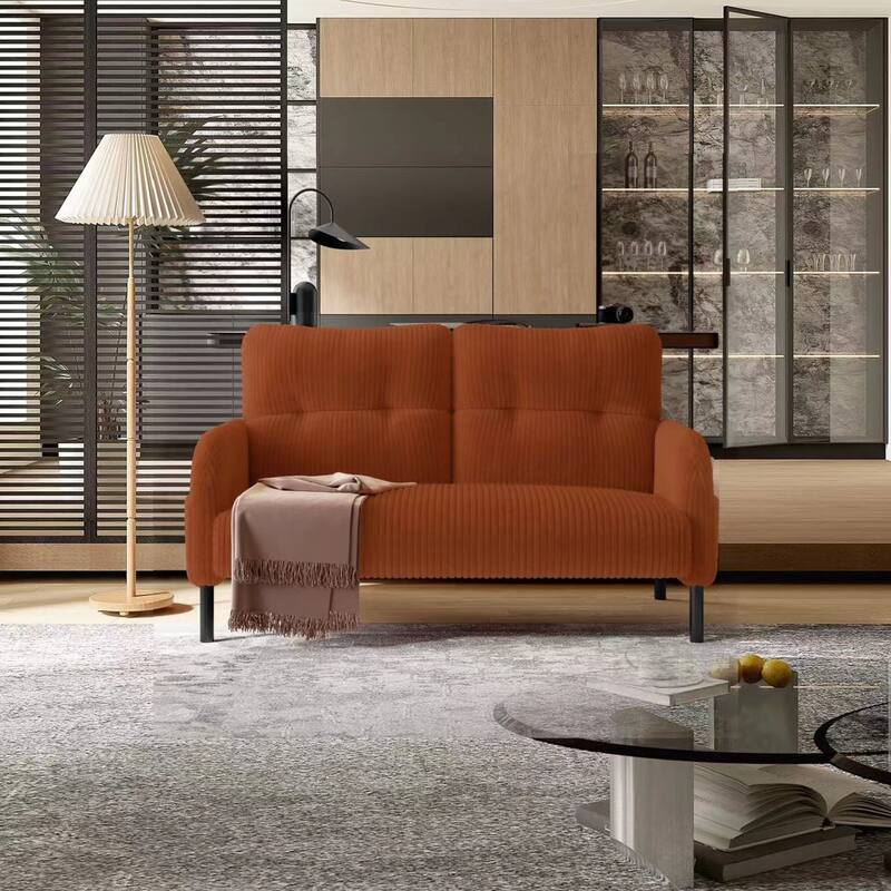 Corduroy Foam Upholstered Loveseat Couch Ergonomic Lounge Sofa with Side Pockets and Solid Wood Frame Soft 2 Seater Sofa - Orange