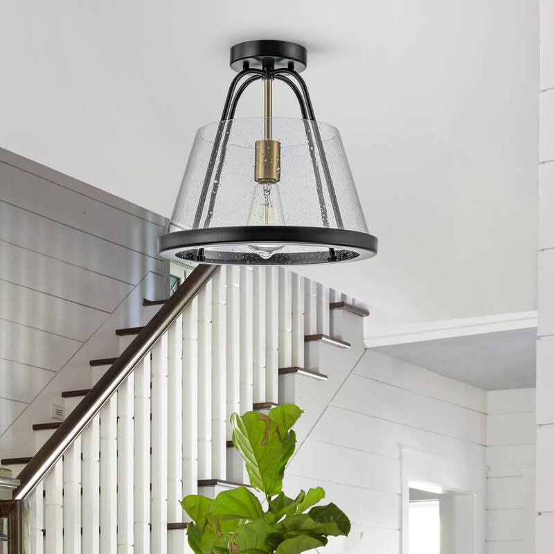 Industrial 1-Light Farmhouse Black Seeded Glass Semi Flush Mount