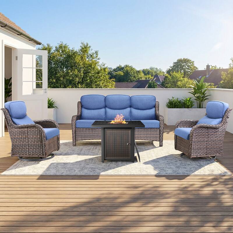 Pocassy 30 In Outdoor Fire Pits with Patio Sofa Swivel Glider Chari Furniture. - Brown Wicker Blue Cushion - 4-Piece Sofa Swivel Chair w/ Fie Pit Table