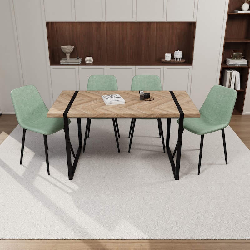Modern 5-Piece Dining Set with Light Wood Rectangular Metal Base Table & 4 Square Corner Suede Chairs
