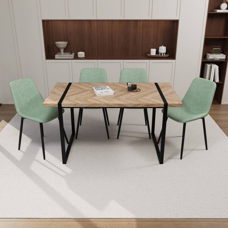 Modern Style 5-Piece Dining Set with Light Wood Rectangular Metal Base Table and 4 Square Corner Suede Dining Chairs