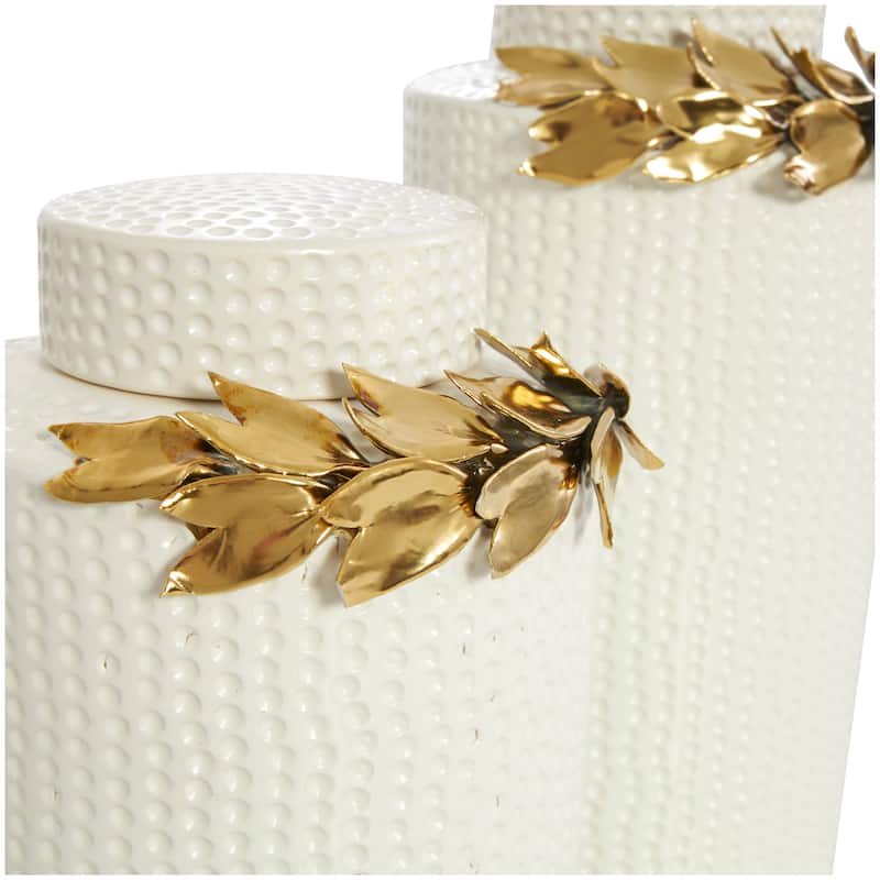 Ceramic Leaf Decorative Jars with Abstract Spotted Pattern and Gold Accents - Set of 2 White - Roche River Decor