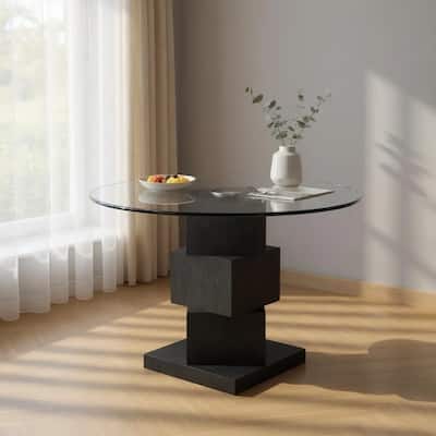 HomeRoots 51" Clear and Black Glass and Solid Wood Pedestal Base Round Top Dining Table - 51.18 in. x 29.53 in. x 51.18 in.