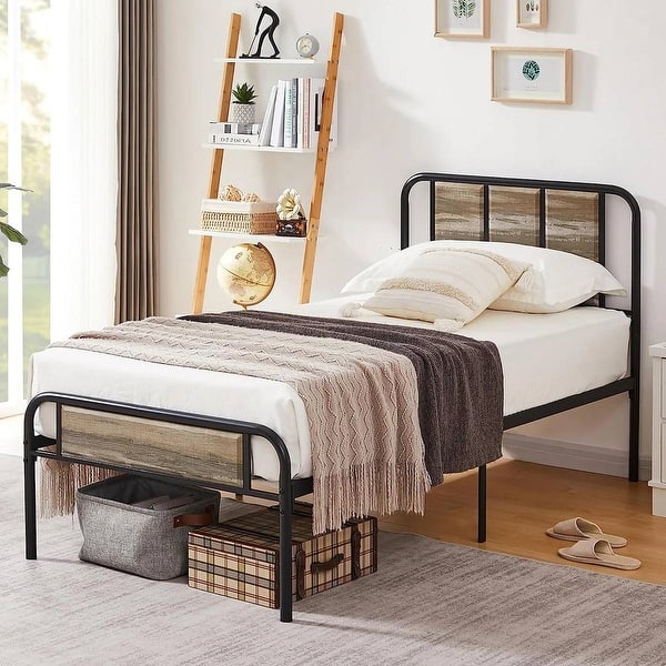 slide 2 of 5, Grey Wood and Metal Twin Platform Bed Frame with Rounded Headboard and Footboard, 13 Slats Grey