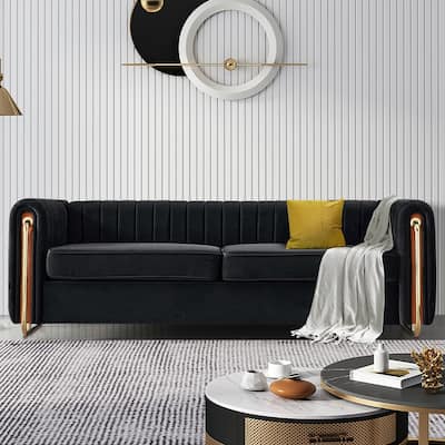Modern Elegant Velvet Sofa With Striped Backrest and Metal Legs