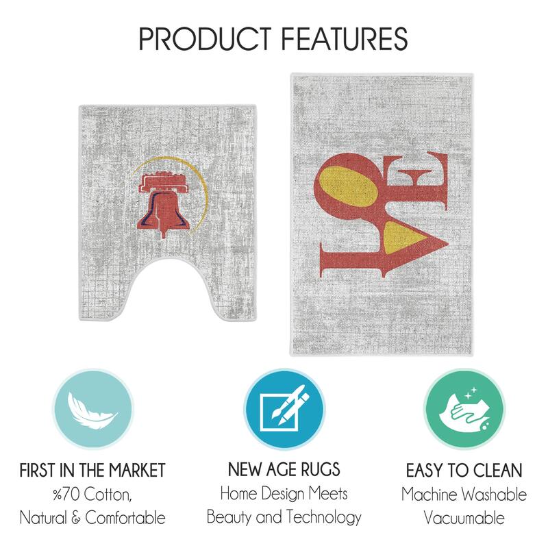 Toilet Mat Set - 2-Piece Designer Print Bathroom Contour Rugs Combo - Non Slip, Soft Cotton & Absorbent Floor Carpets